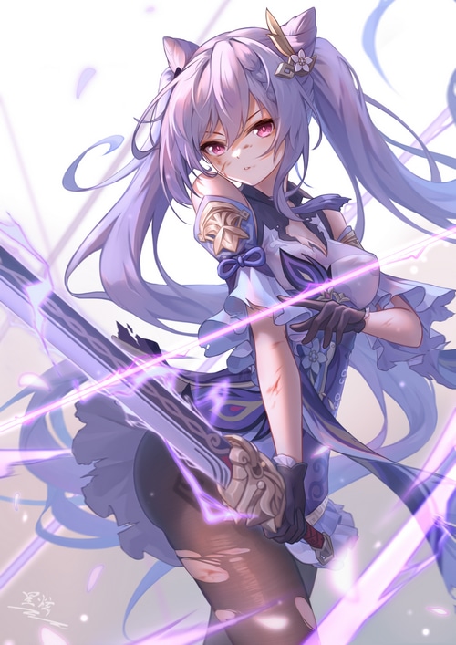 Keqing from Genshin Impact with purple hair and eyes