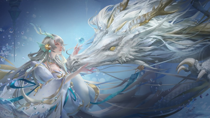 Fantasy girl and white dragon from Honor of Kings