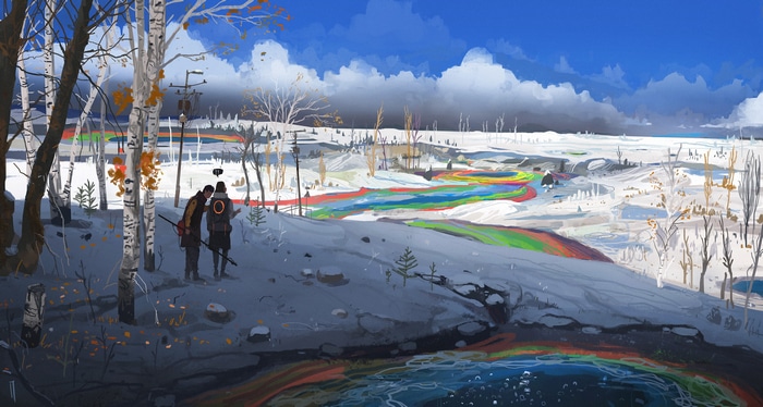 Artwork by Ismail Inceoglu of a snowy landscape with rainbow colors
