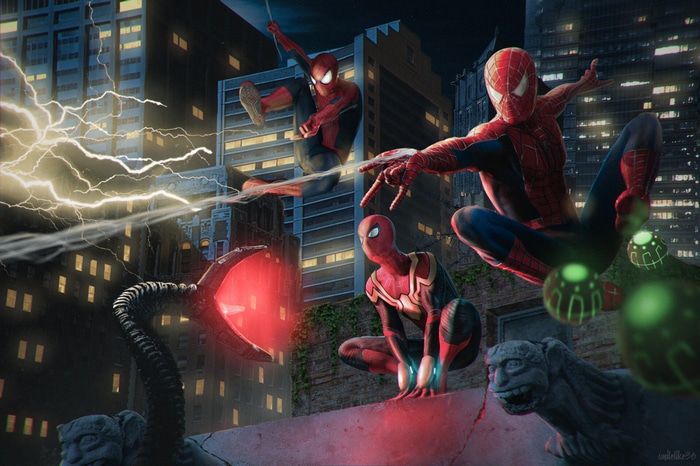 Three Spider-Men in a Cityscape with Lightning