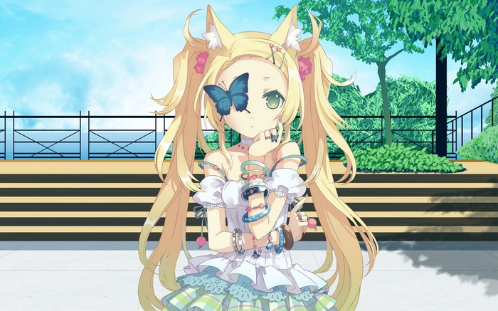 Anime girl with blonde twintails and butterfly on face