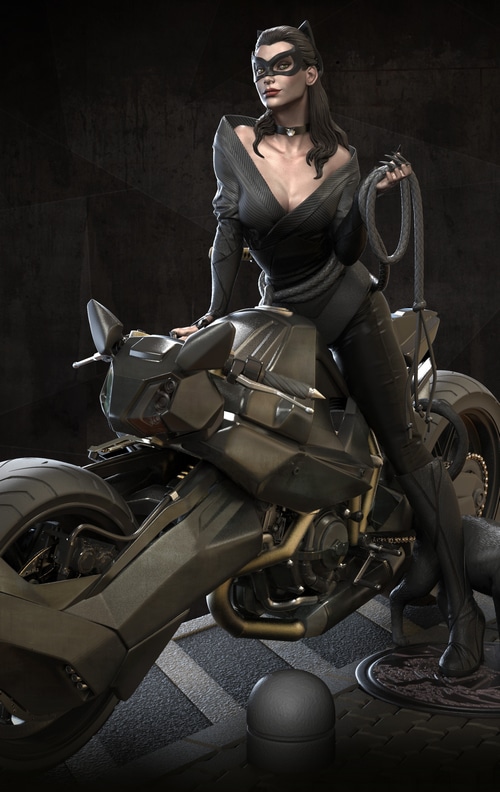Catwoman on a motorcycle with a whip