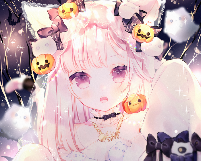 Halloween anime girl with cat ears and pumpkins