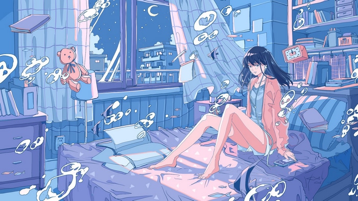 Girl with headphones in a surreal underwater room