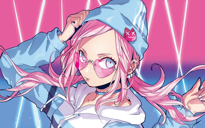Girl with pink hair and heart sunglasses