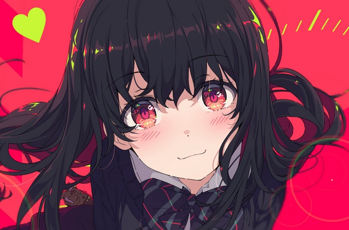 Anime girl with black hair and red eyes