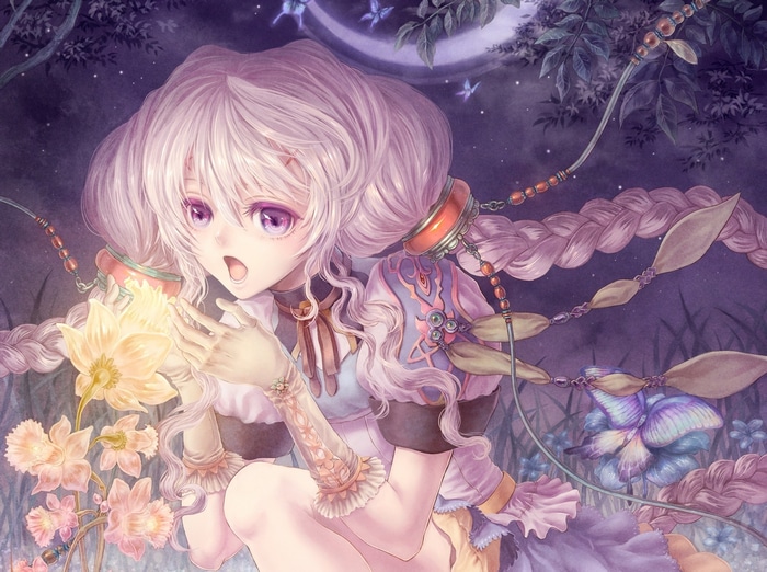 Anime girl with braids holding glowing flowers at night