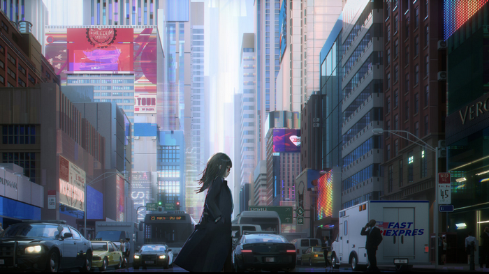 Girl in a coat walks through a futuristic city street