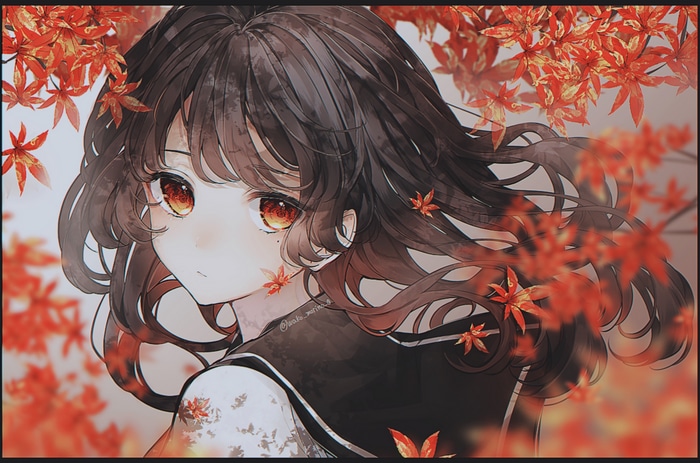 Anime girl with dark hair and red eyes in fall