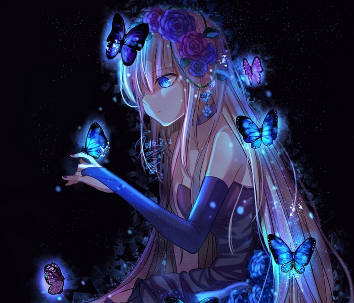 Anime girl with blue butterflies and roses