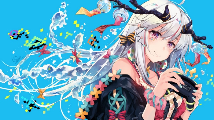 Hirai Yuzuki with Silver Hair and Horns Playing a Game
