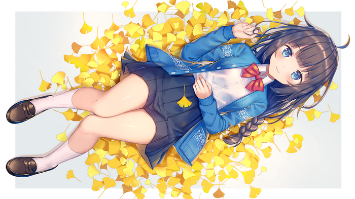 Kawami Nami in a school uniform lying on fall leaves