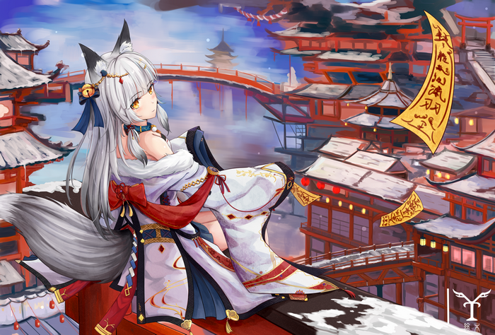 Anime Fox Girl in Japanese Clothes in Snowy Village