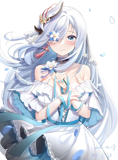 Shenhe from Genshin Impact in a white and blue dress