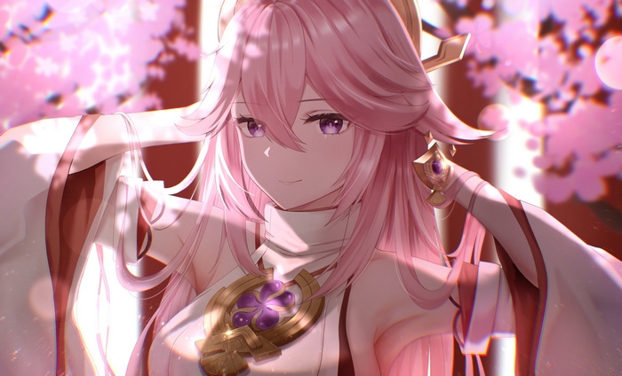 Yae Miko from Genshin Impact with pink hair and cherry blossoms