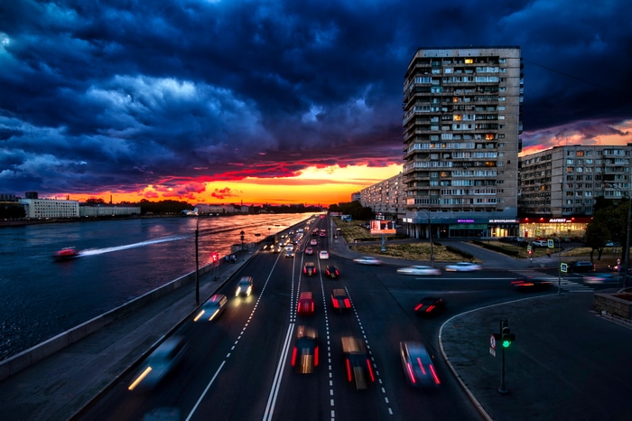4K Sunset over St. Petersburg City Road and River