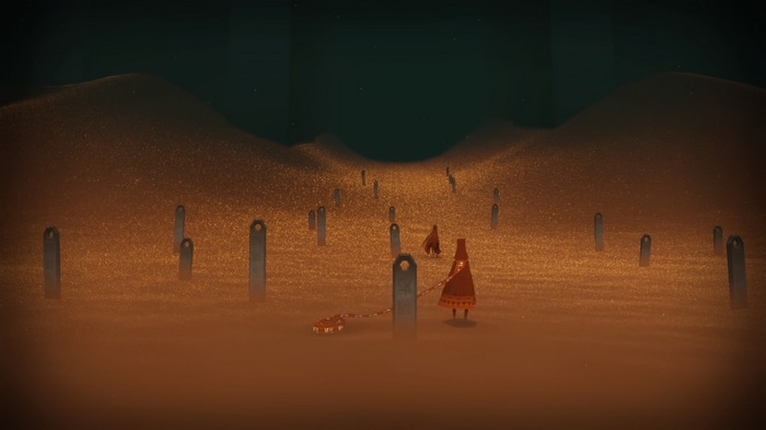 Journey video game art with figures in a desert