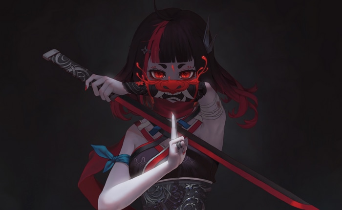 Anime girl with red mask and sword
