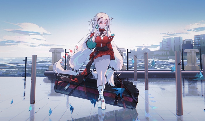 Skadi from Arknights on a waterfront with cityscape