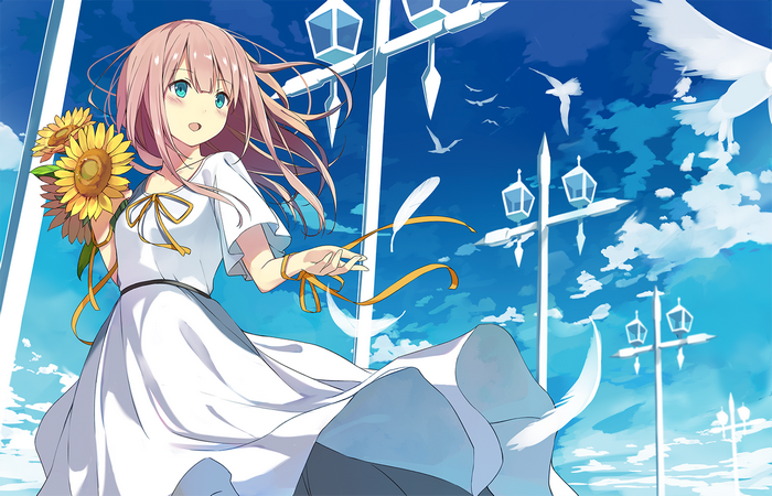 Girl with sunflowers and white dress in the sky