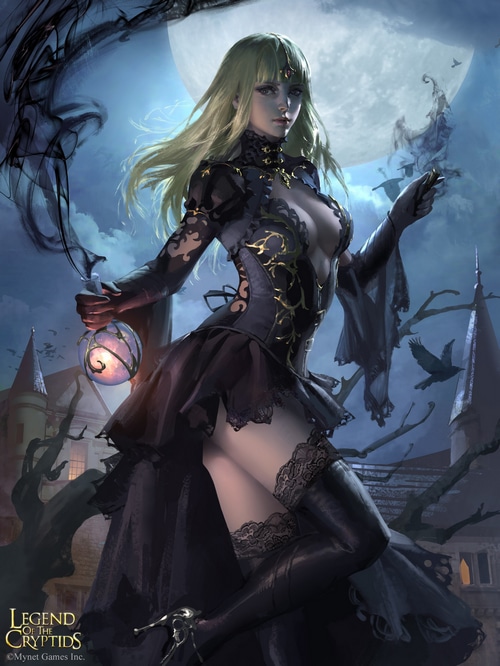 Woman in black dress holding a lantern under the moon