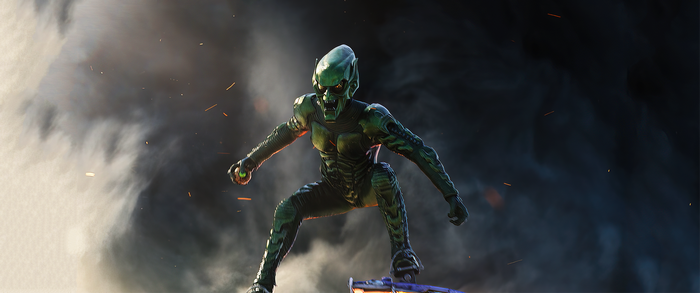 Green Goblin on a glider in smoke