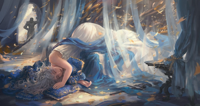 Fantasy art of a sleeping woman and a knight