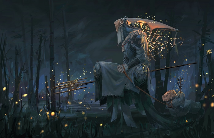 Fantasy art of a figure with a parasol in a dark forest