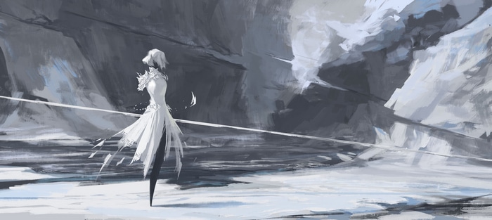 Fantasy art of a woman in a white dress in a snowy landscape