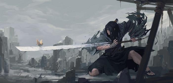 Nolan Lu's Fantasy Art: Warrior and Bird in Ruined City