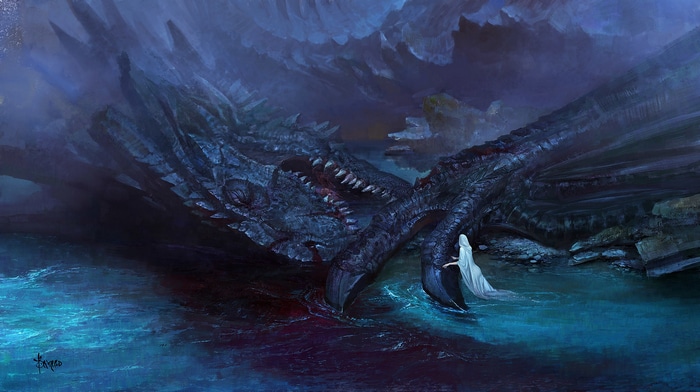 A woman in white confronts a dying dragon