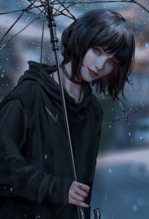 4K fan art of a woman with red eyes holding an umbrella