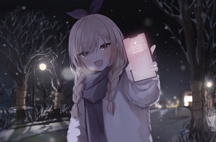 Anime girl holding a smartphone at night in the snow