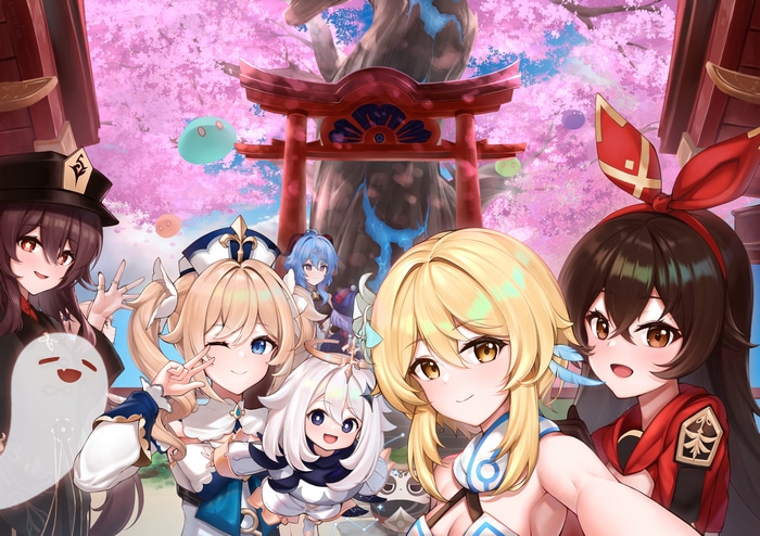 Genshin Impact characters taking a selfie under cherry blossoms