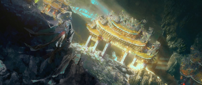Fantasy art of a mystical temple in a cave