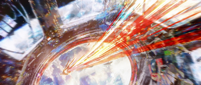 Fantasy art of a spaceship in a cosmic gateway