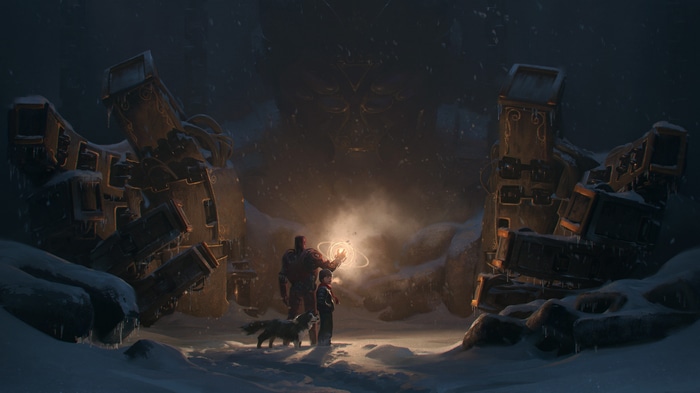 Artwork of a giant robot and a boy in snow