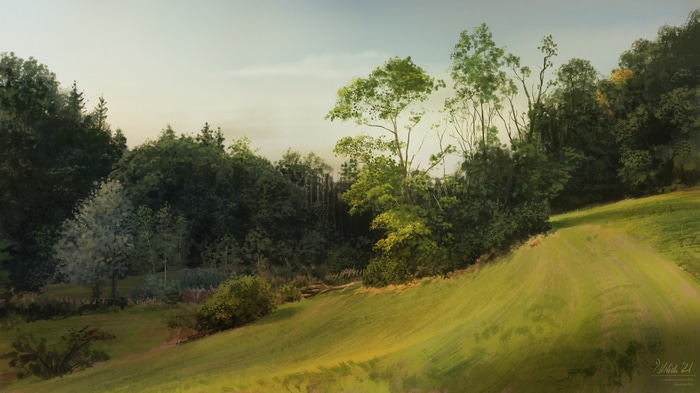 Digital painting of a natural landscape with trees and a grassy hill
