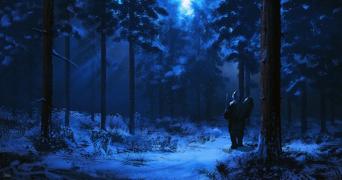 4K night forest with a lone traveler