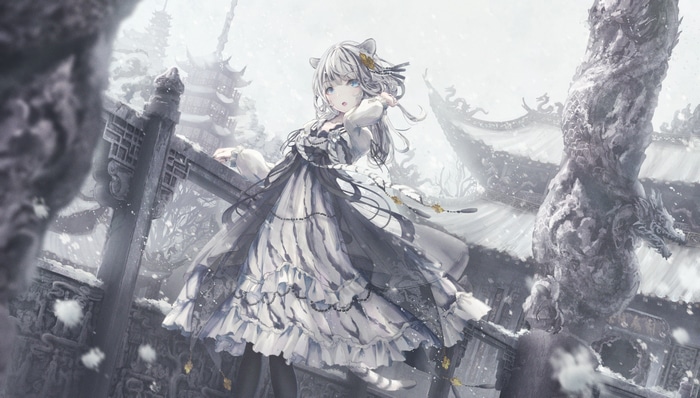White tiger girl in lolita dress in snowy landscape