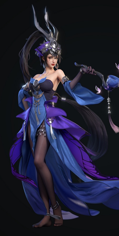 Yi Jiang in a blue and purple dress