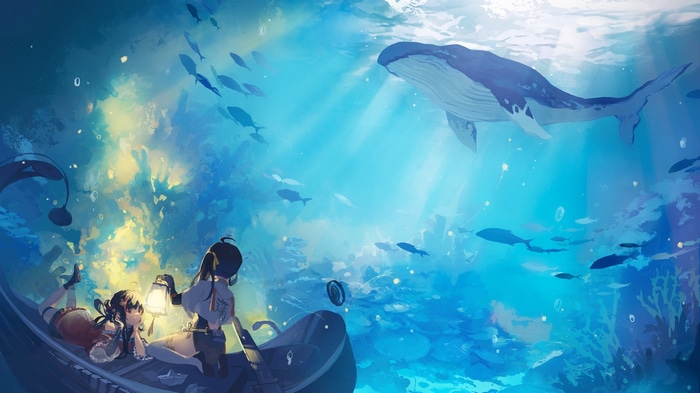 Anime girls in a boat with a whale and fish