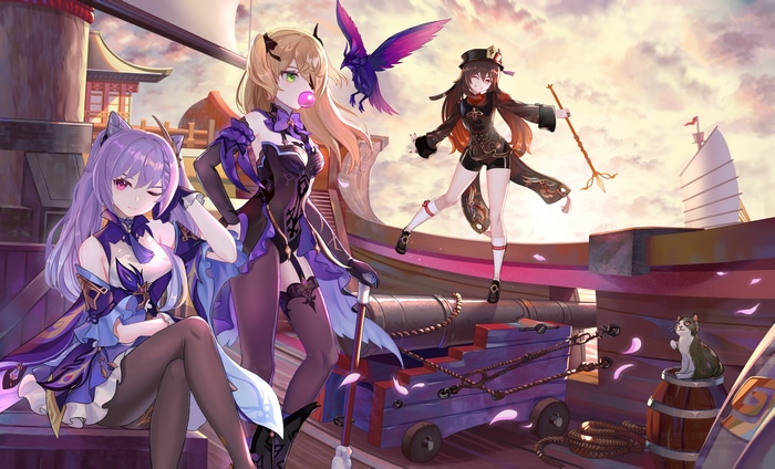 Genshin Impact: Hu Tao, Fischl, and Keqing on a Ship
