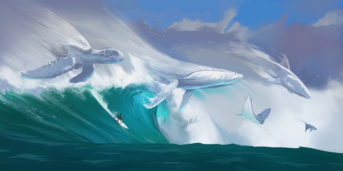 Tokity János's surreal ocean scene with whales and surfer