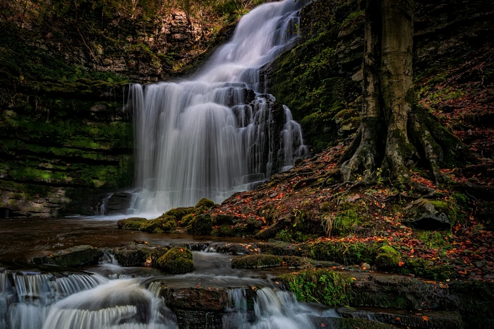 Waterfall in England with moss and stones