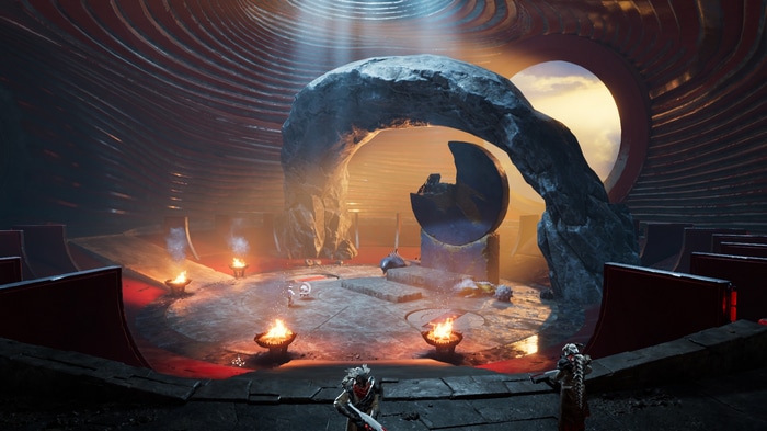 Fantasy architecture with stone arch and fire pits
