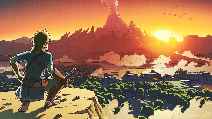 Link looks out at Hyrule Castle at sunrise