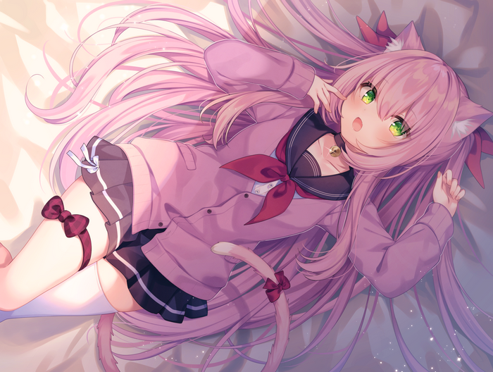 Cat girl with pink hair and green eyes