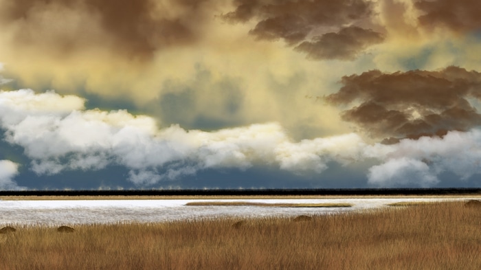 Digital painting of a cloudy sky over a shoreline and marsh