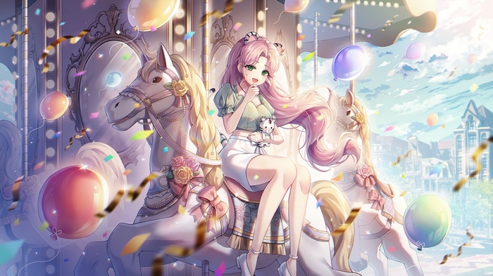 HAYUN on a Carousel with Balloons and Confetti